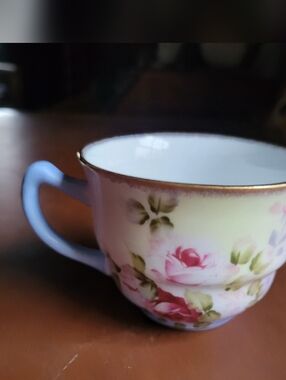 Nantucket Porcelain Floral Teacup with Pink Rose Motif and Gold Trim